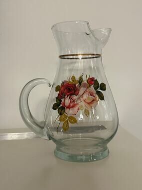Vintage West Virginia Glass Rose Pitcher with Ice Lip 10" Old country Large